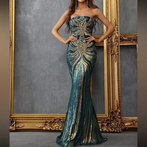 Luxe Sequin Strapless Zipper Formal Evening Party Prom Wedding Dress - Picture 12 of 12